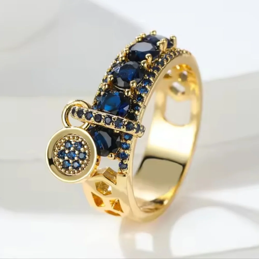 Elegant Golden and Blue Gemstone Ring Sz 8